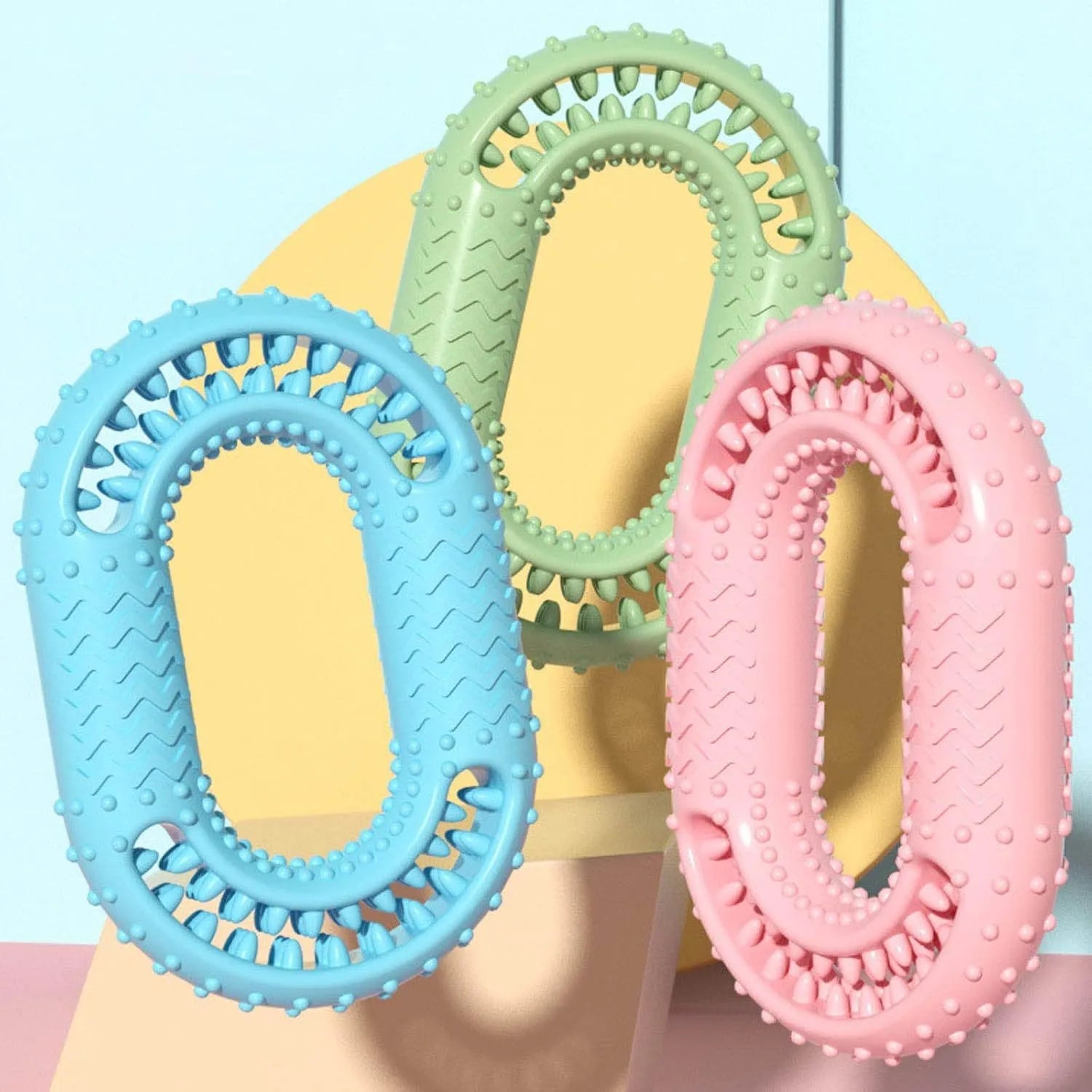 Blue O-ring shaped dog dental chew toy for aggressive chewers measuring 12.5cm by 8.6cm