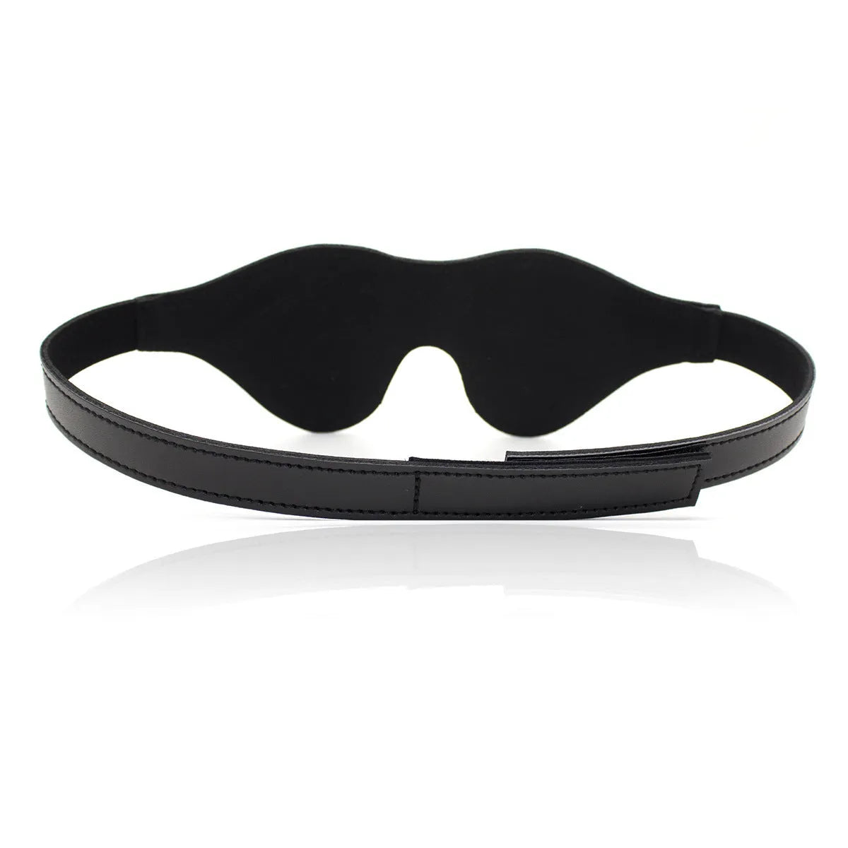 Women's leather eye mask with Velcro strap in black colour showing three-dimensional design