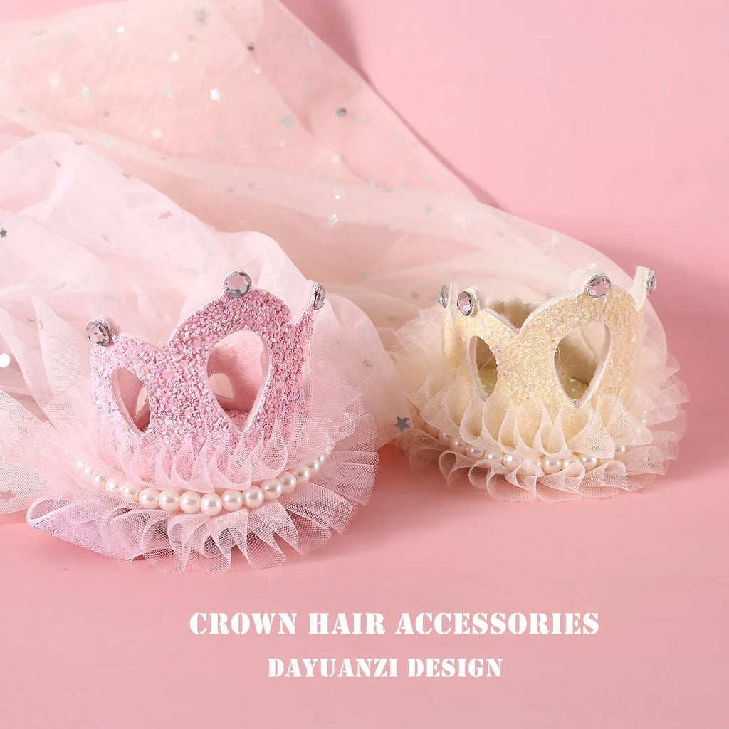 Pet cat wearing princess crown headdress with veil in beige or pink colour