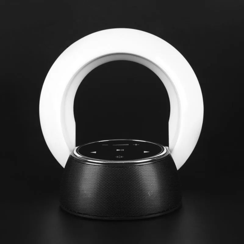 Blue and white Bluetooth desk lamp speaker with touch controls in folded position showing dimensions
