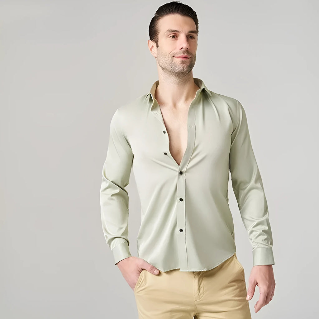 Men's stretch long sleeve work shirt in polyester fabric shown in available colours with size guidance