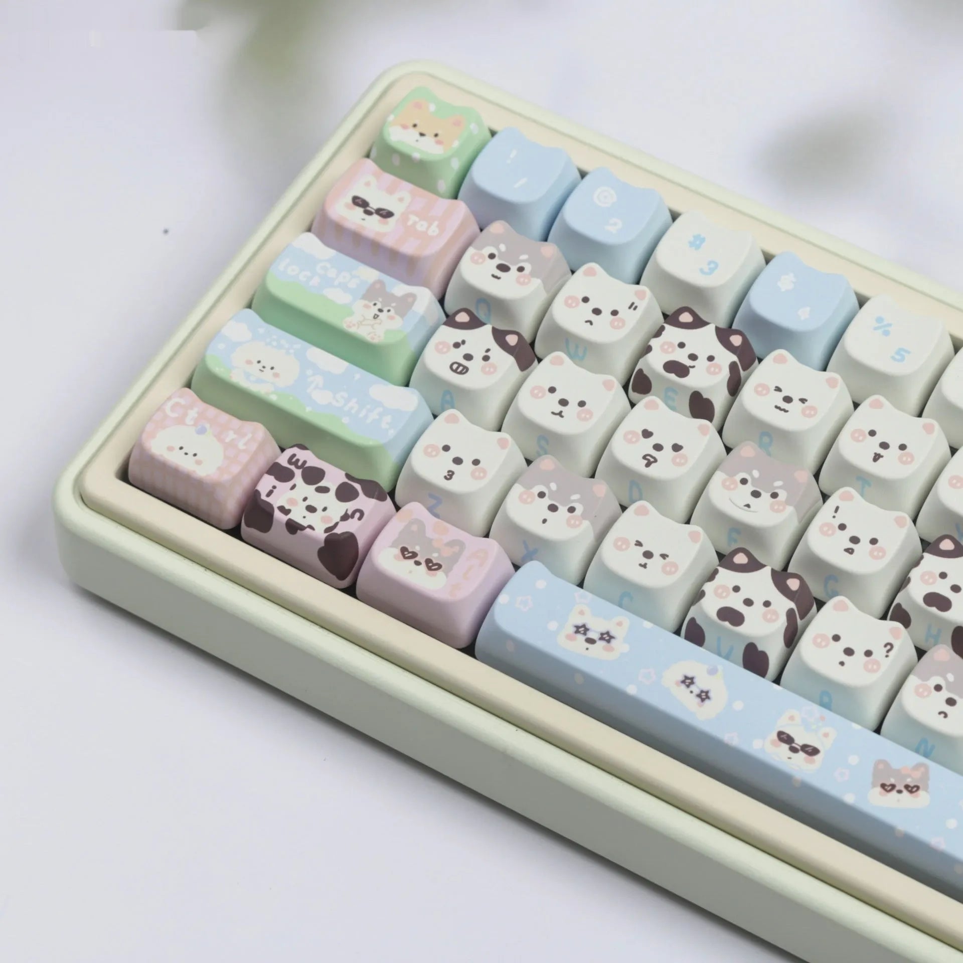 Cat and puppy themed PBT key cap set for mechanical keyboards with colourful sublimation designs
