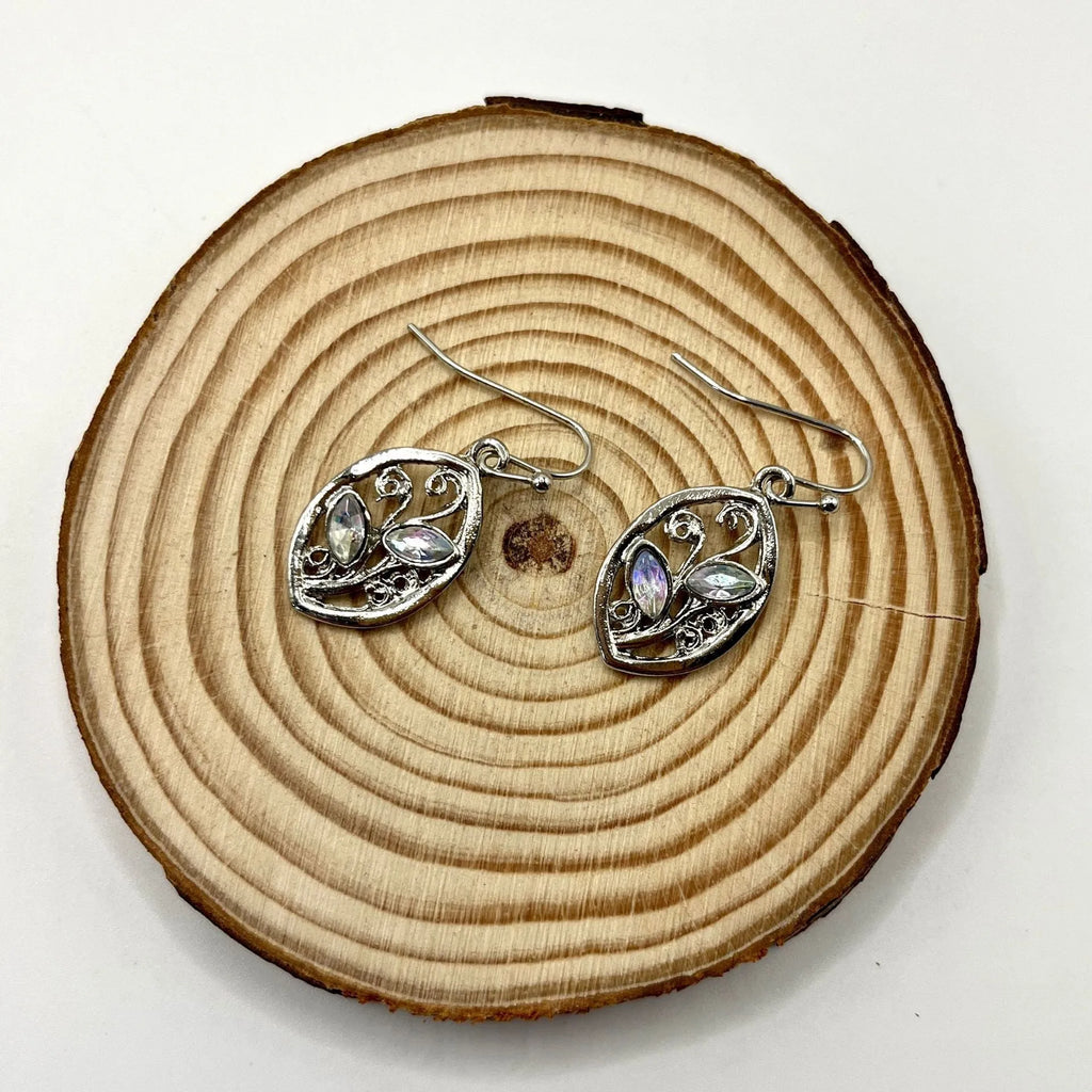 Women's silver alloy leaf earrings with embedded colourful moonstone and diamond treatment