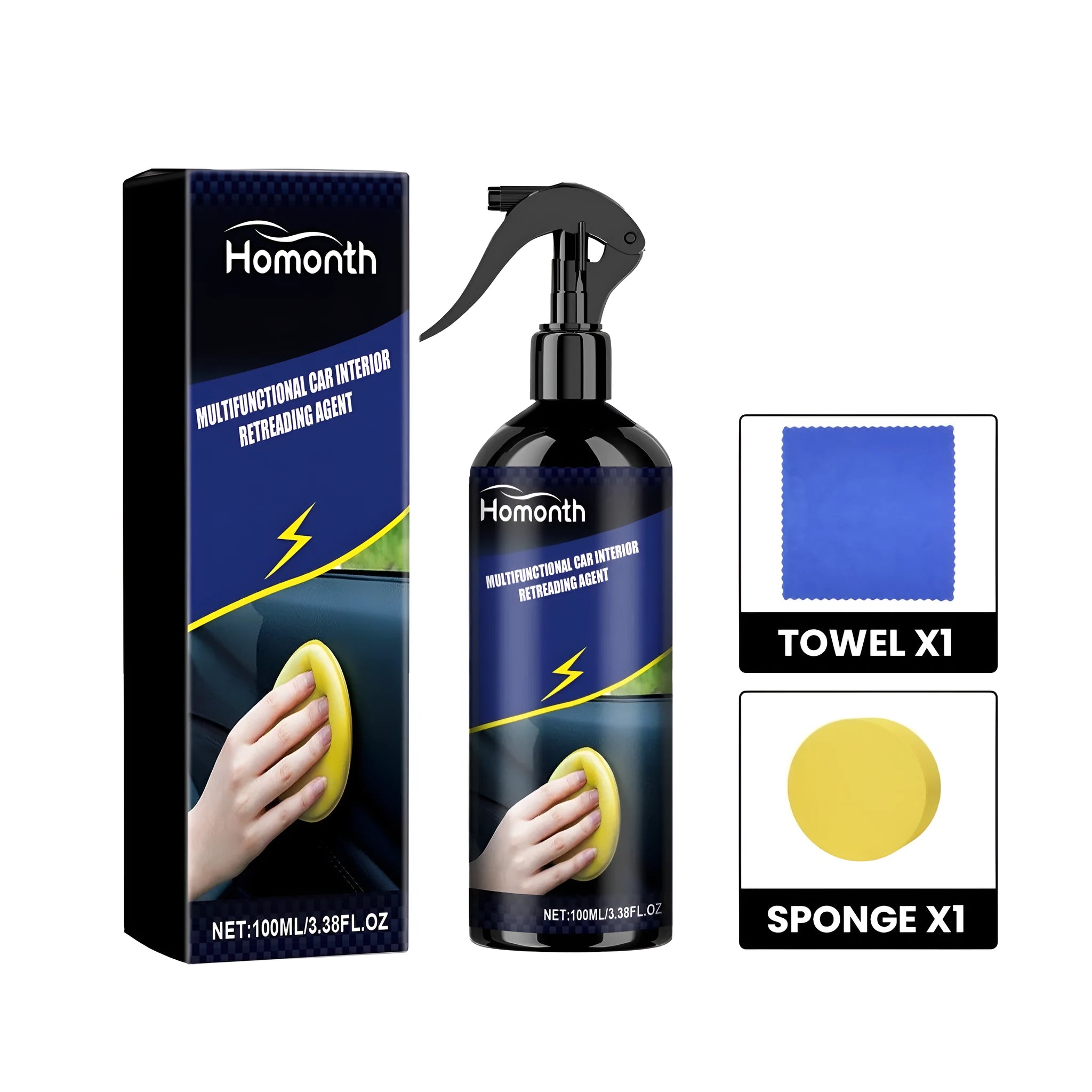 Car interior retreading agent kit with bottle, yellow sponge and white towel for surface restoration