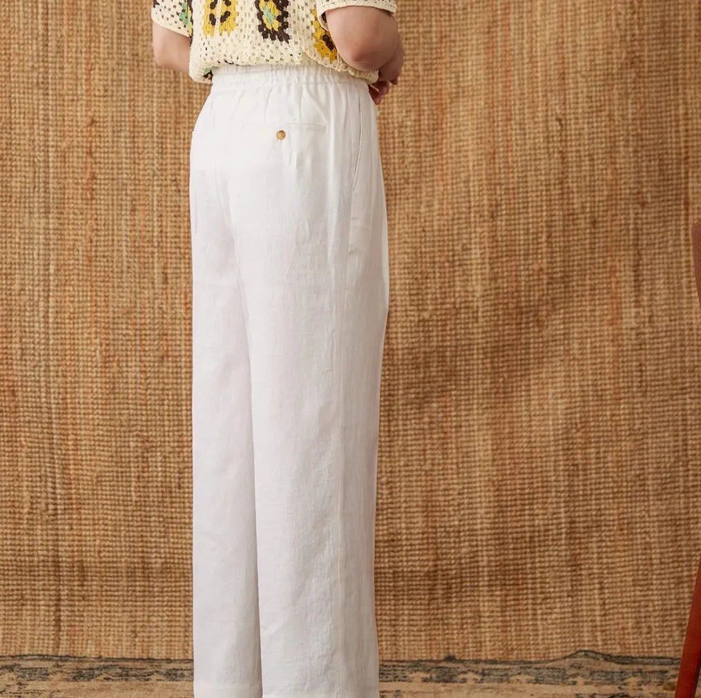 Linen straight-leg trousers with elasticated high waistband in navy blue colour