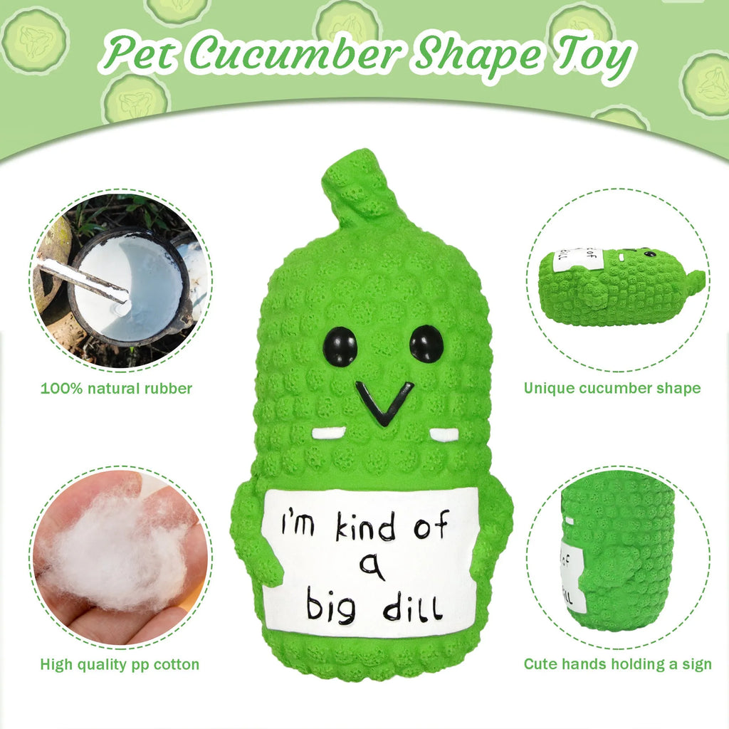 Green pickle shaped latex dog chew toy with textured surface and squeaker inside