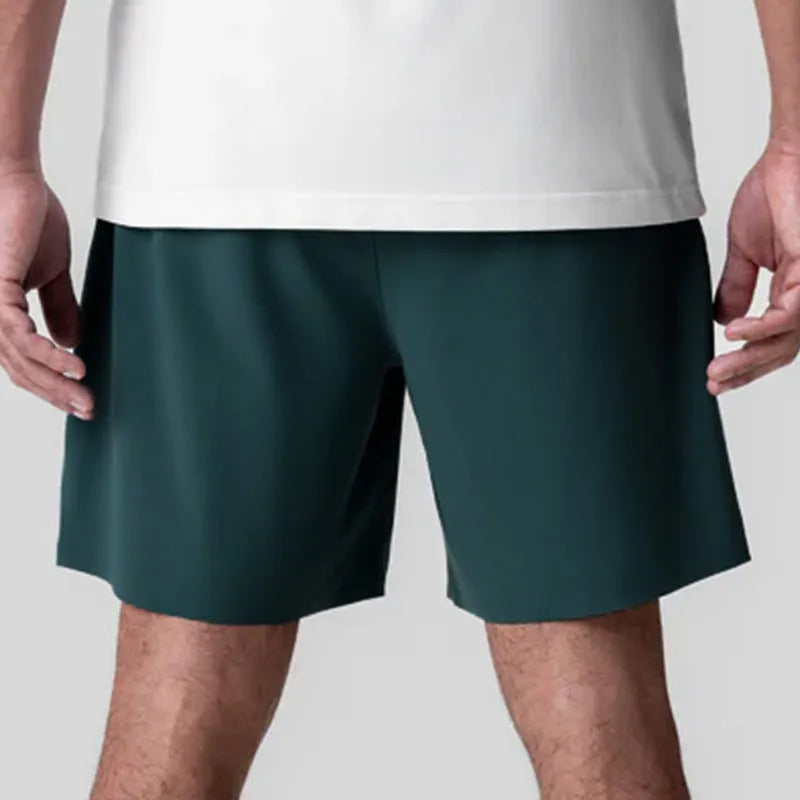 Men's gray seamless quick-dry sport shorts with a straight knee-length cut
