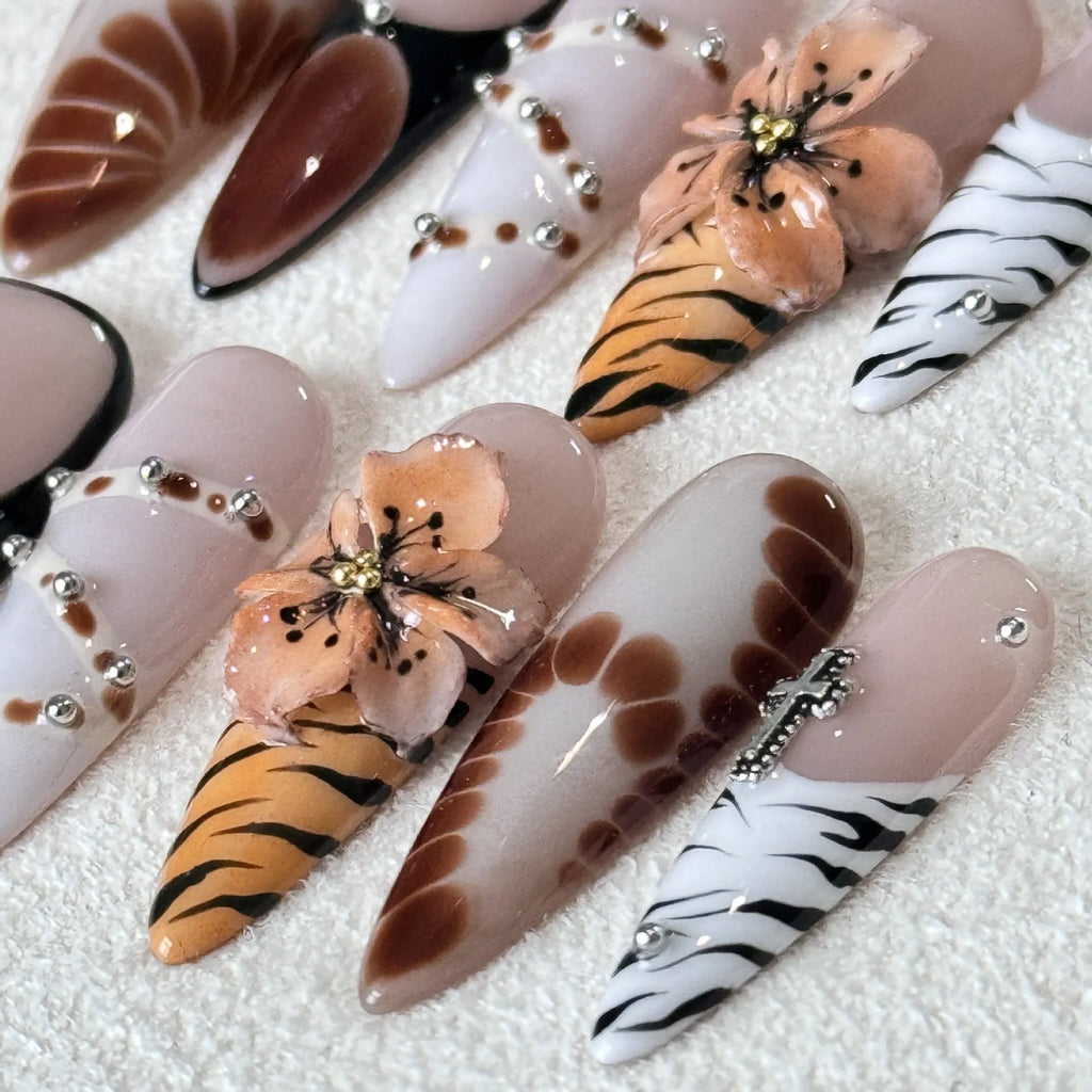 French style leopard print decorative nail stickers in cross, flower and leopard patterns