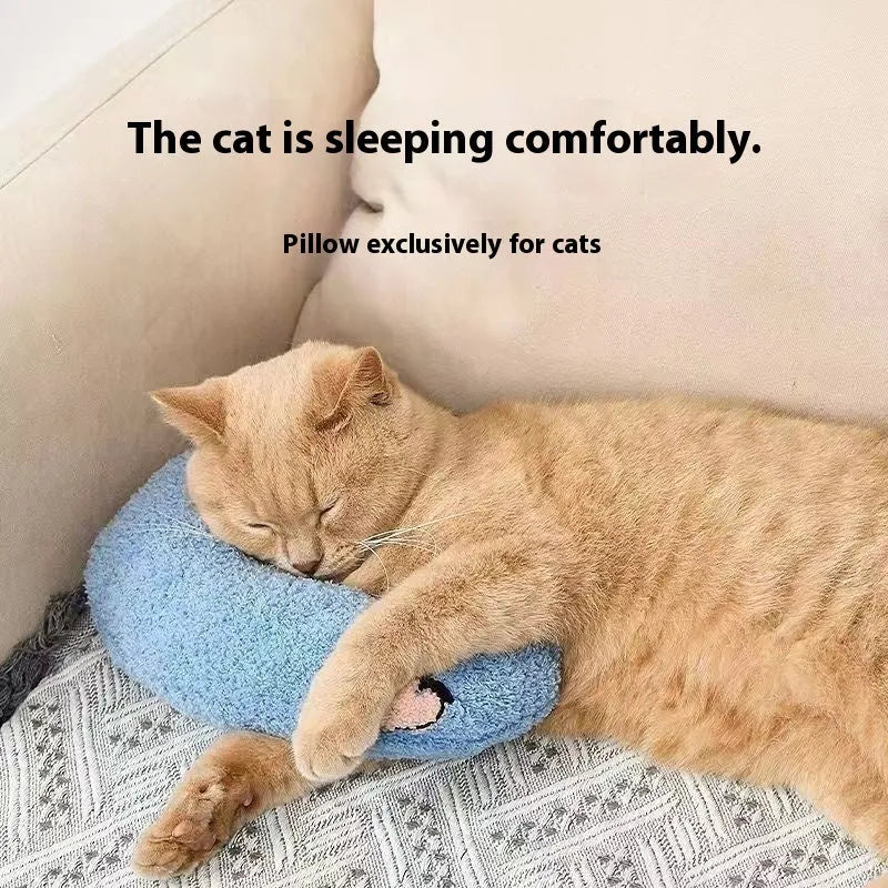 Blue cloth cat sleeping mat with a large U-shaped question mark pillow for neck support.