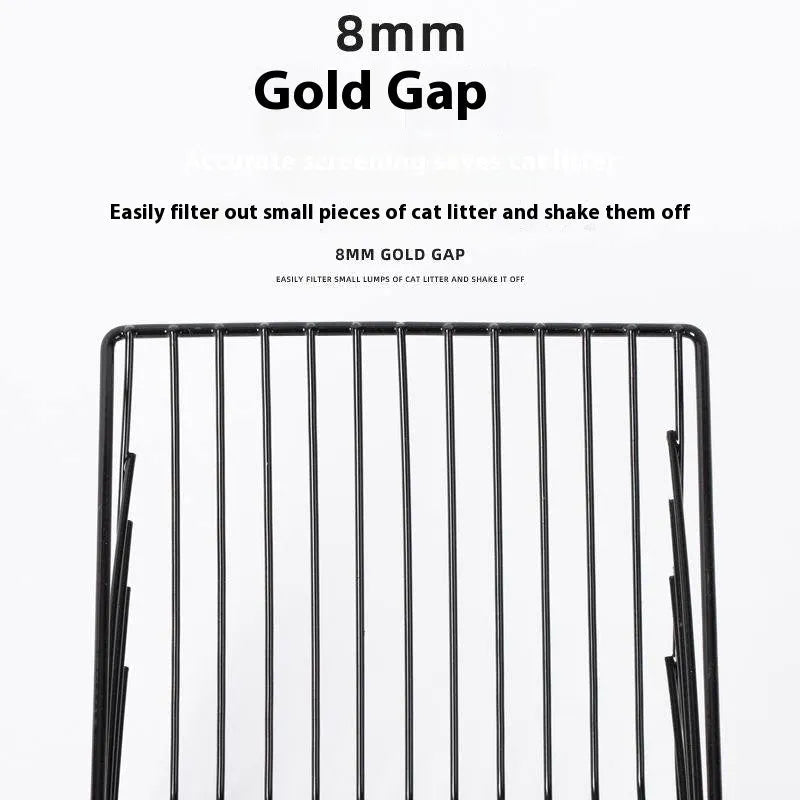 Black metal cat litter scoop with 0.8cm gap spacing between tines for cleaning clumping litter