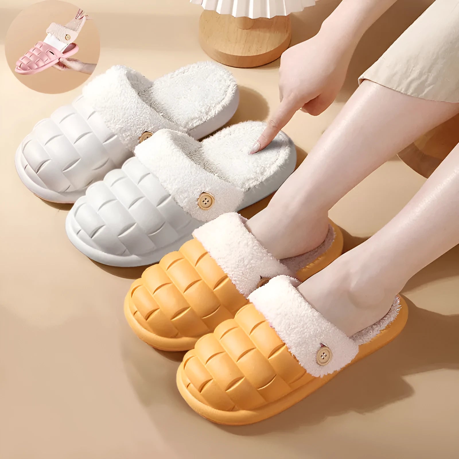 Plaid detachable EVA house slippers with plush lining, shown in multiple colours on a white background.
