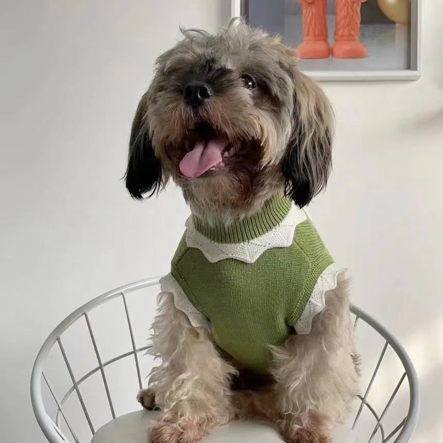 Green knitted dog sweater with floral pattern, shown next to a size chart for XS, S, M, L, and XL.