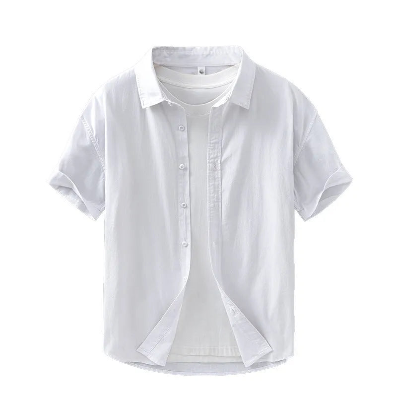 Men's light grey short sleeve cotton shirt with cardigan style and loose fit for summer casual wear