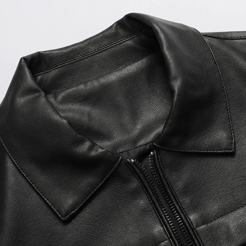 Men's slim lapel casual leather jacket in black, artificial leather, spring autumn outerwear