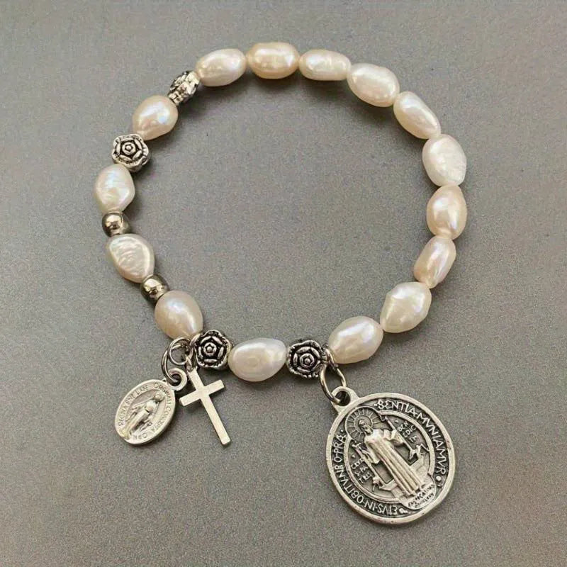 Silver electroplated metal beaded flower bracelet for women, retro style.