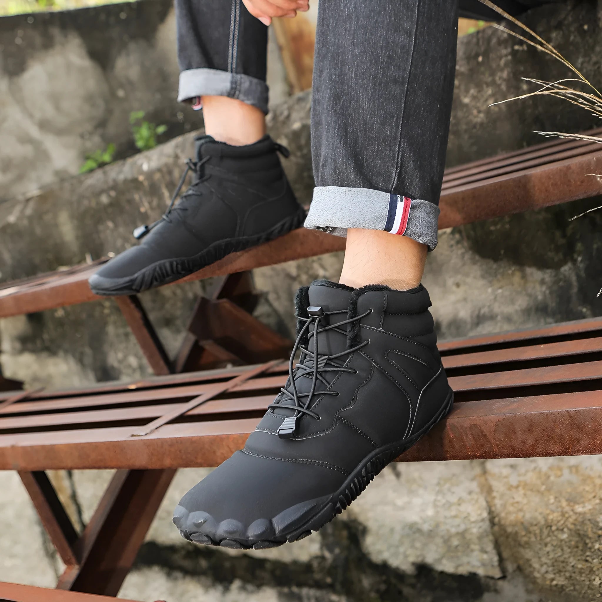 Beige and grey five-finger waterproof fleece-lined snow boots with rubber hiking outsoles.