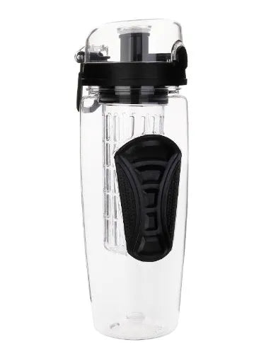 Clear 32oz Tritan plastic fruit infuser water bottle with blue lid and separate fruit infusion cup