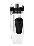 Clear 32oz Tritan plastic fruit infuser water bottle with blue lid and separate fruit infusion cup