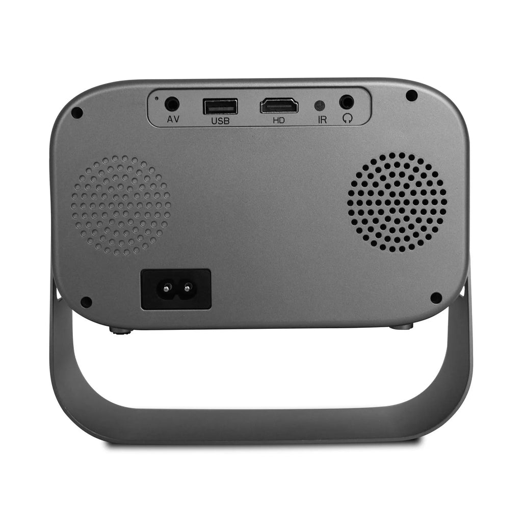 Black portable HD projector with Android OS showing 1280x720 resolution display