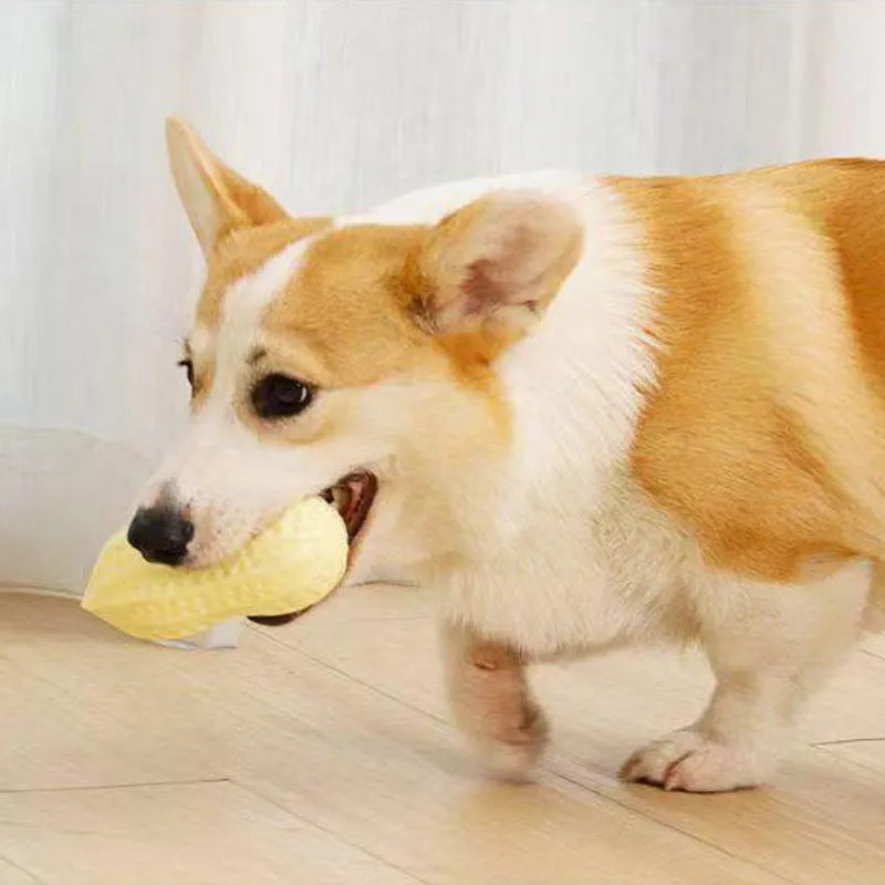 Yellow peanut-shaped dog chew toy with TPR rubber construction measuring 12x5.6cm