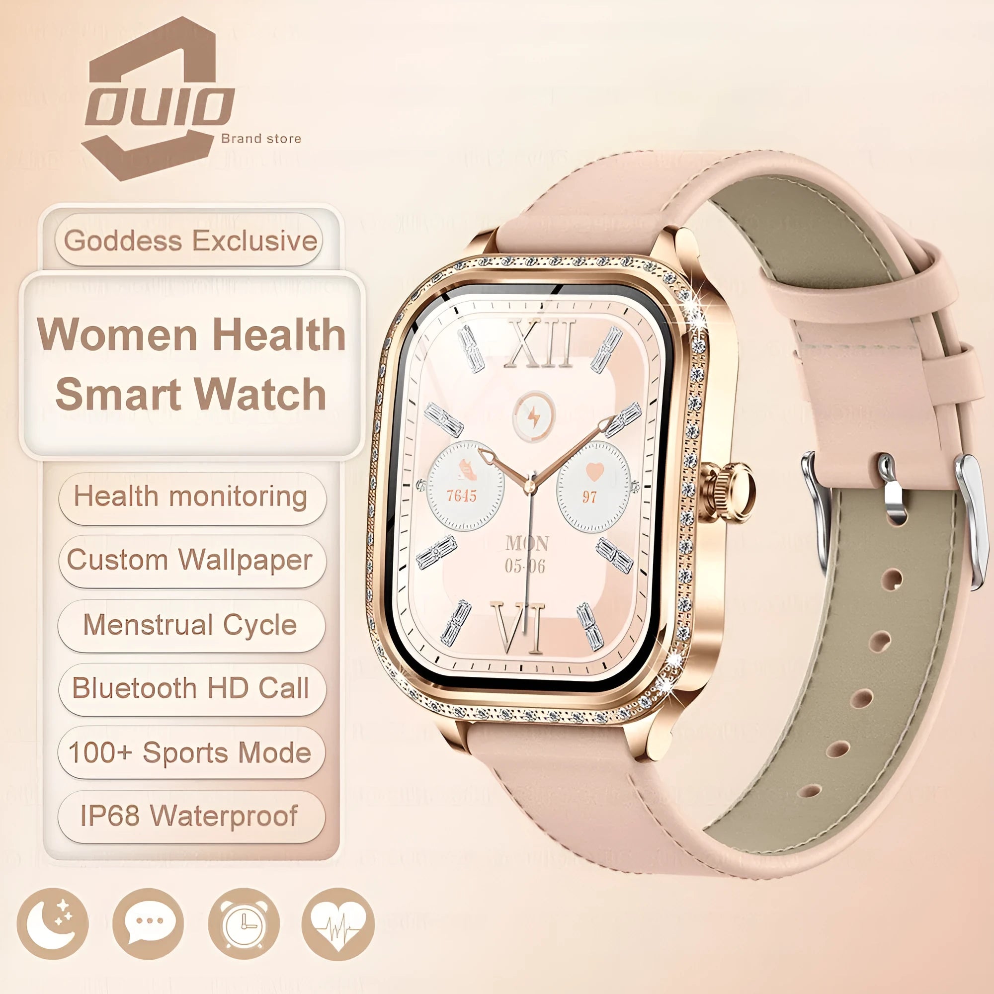 MK88 women's smart watch in gold steel finish with TFT screen, Bluetooth calling, and health sensors