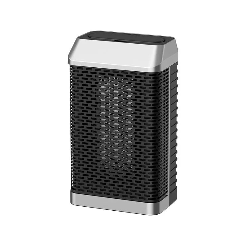 Black remote control smart desktop heater with compact dimensions on a desk.
