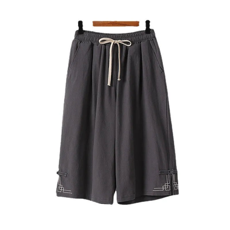 Wide leg cotton linen leisure shorts with embroidery detail in summer colours