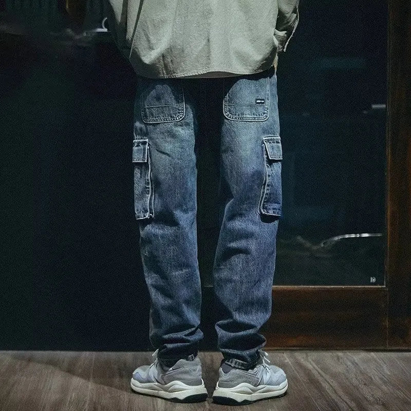 Men's blue loose straight-leg retro stretch denim trousers with zip fly placket