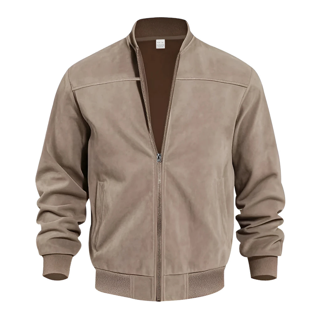 Man wearing a casual army green suede zip-up jacket with a regular fit.