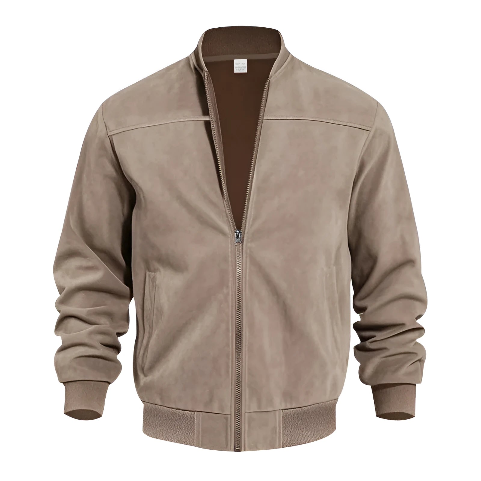 Man wearing a casual army green suede zip-up jacket with a regular fit.