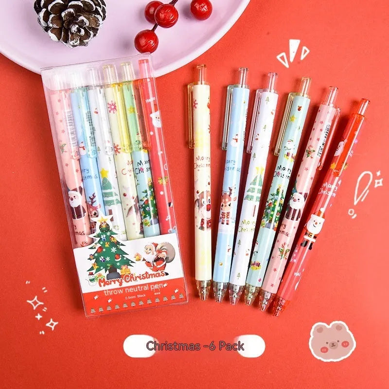 Set of six colourful cartoon-design press gel pens with black refills on a white background.