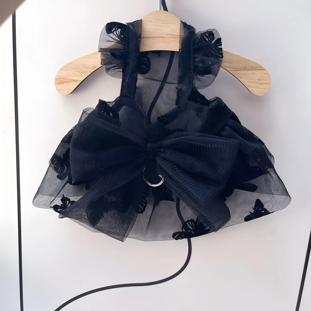 Black gauze princess tulle skirt for a small dog or cat on a white background.