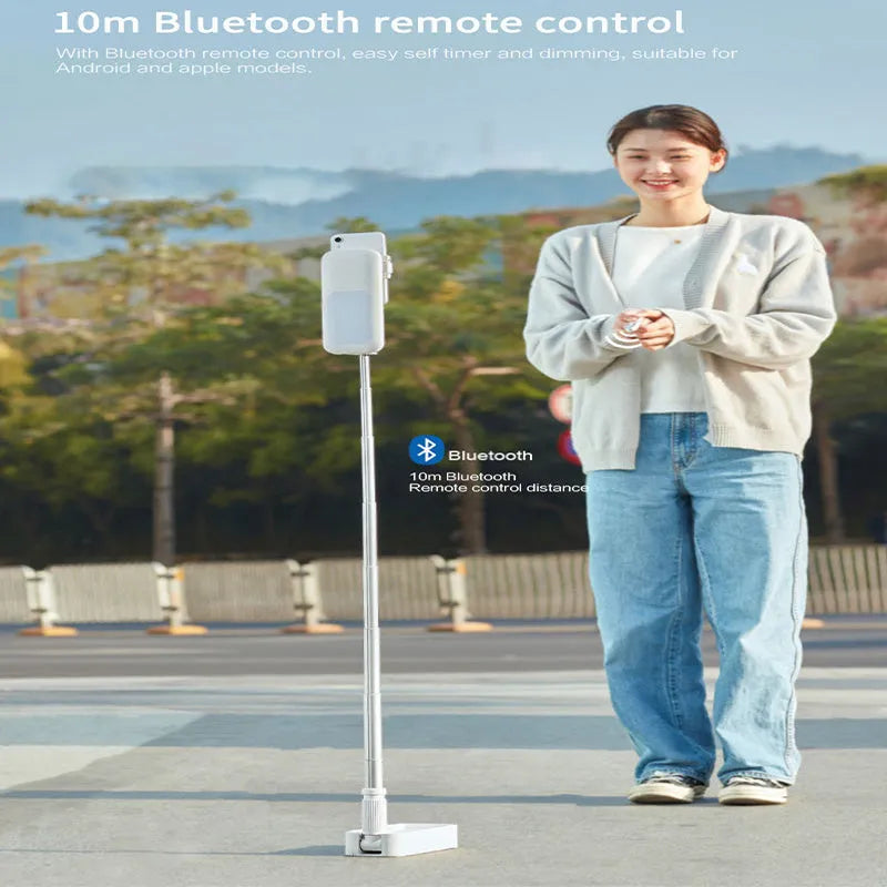 Floor-standing mobile phone fill light bracket with LED illumination and telescopic folding design