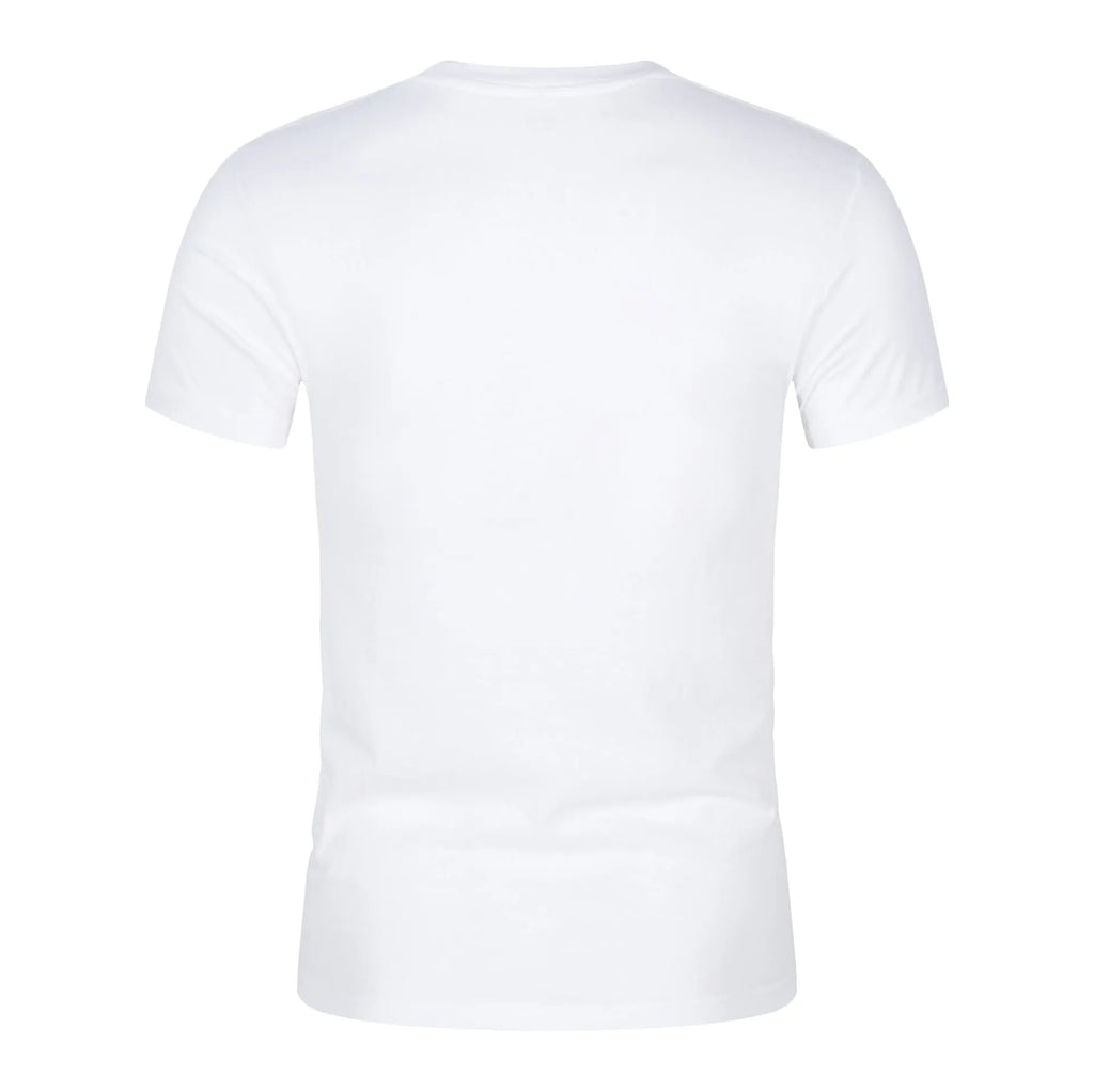 Men's solid colour cotton short-sleeved t-shirt on a hanger, shown in white and black.