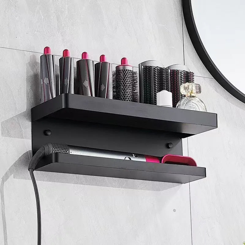 White double-layer aluminium bathroom storage rack for hair curlers mounted on a wall.