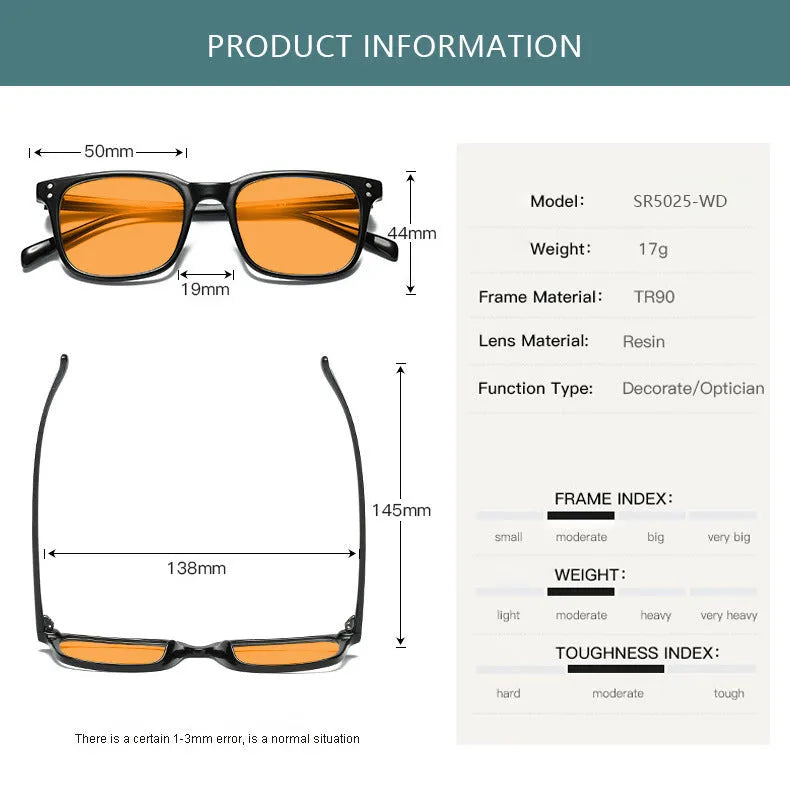 Orange tinted blue light and UV protection glasses with a TR90 frame in multiple colour options C1 to C11.