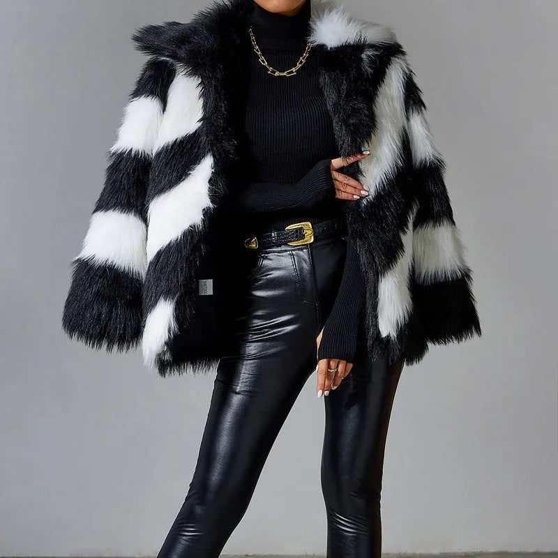 Women's picture colour faux fur coat with a contrasting lapel and a fur collar