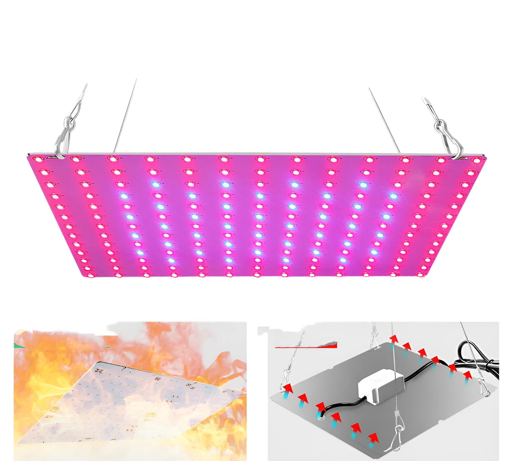 LED full spectrum plant grow light with aluminium housing shown mounted, for indoor vegetables and fruits.