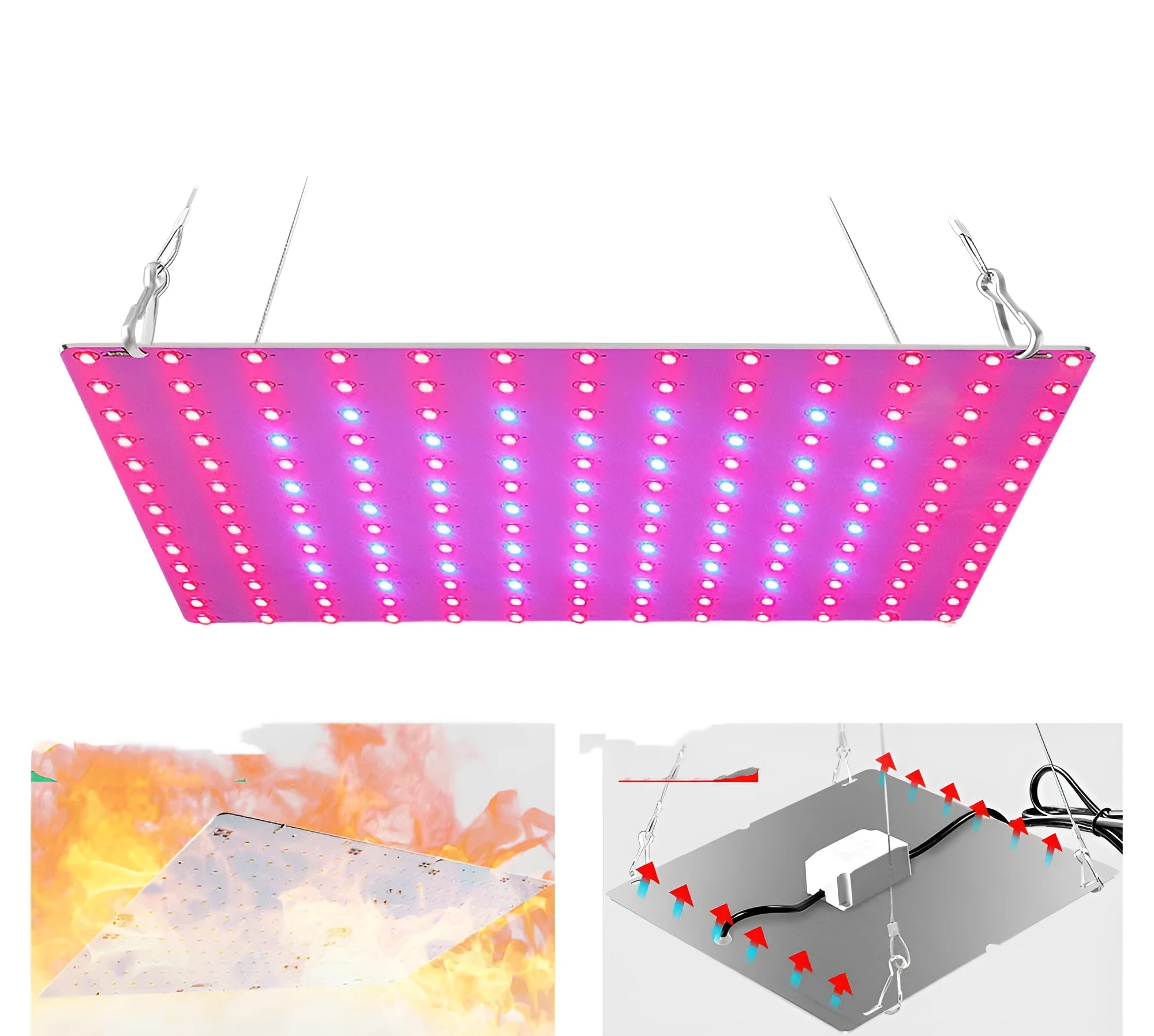 LED full spectrum plant grow light with aluminium housing shown mounted, for indoor vegetables and fruits.