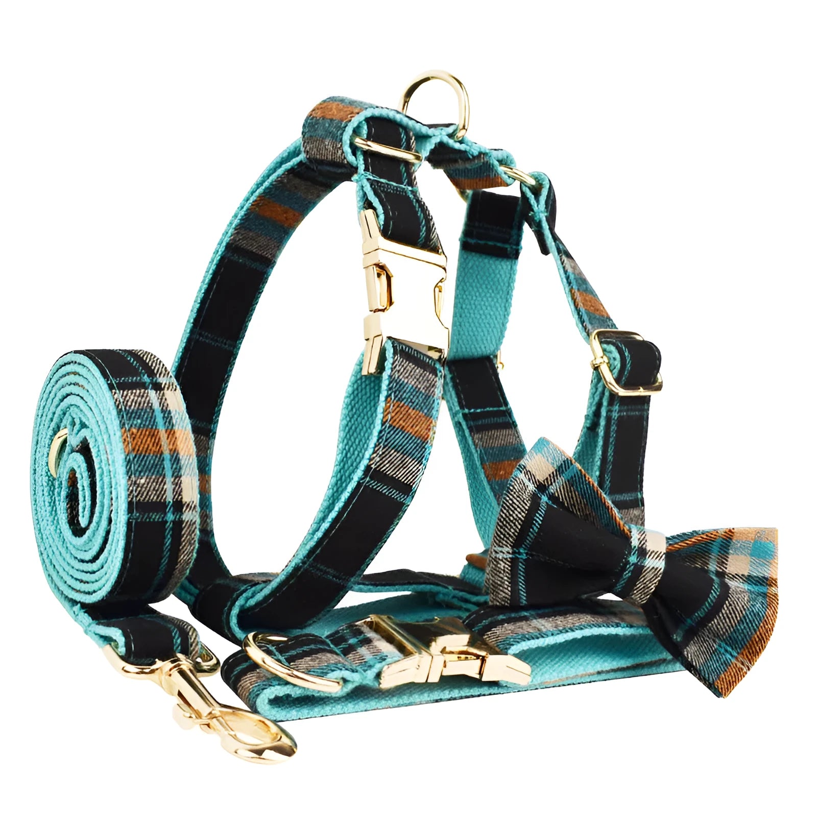 Green retro style pet collar, leash, vest and bow accessories set for dogs