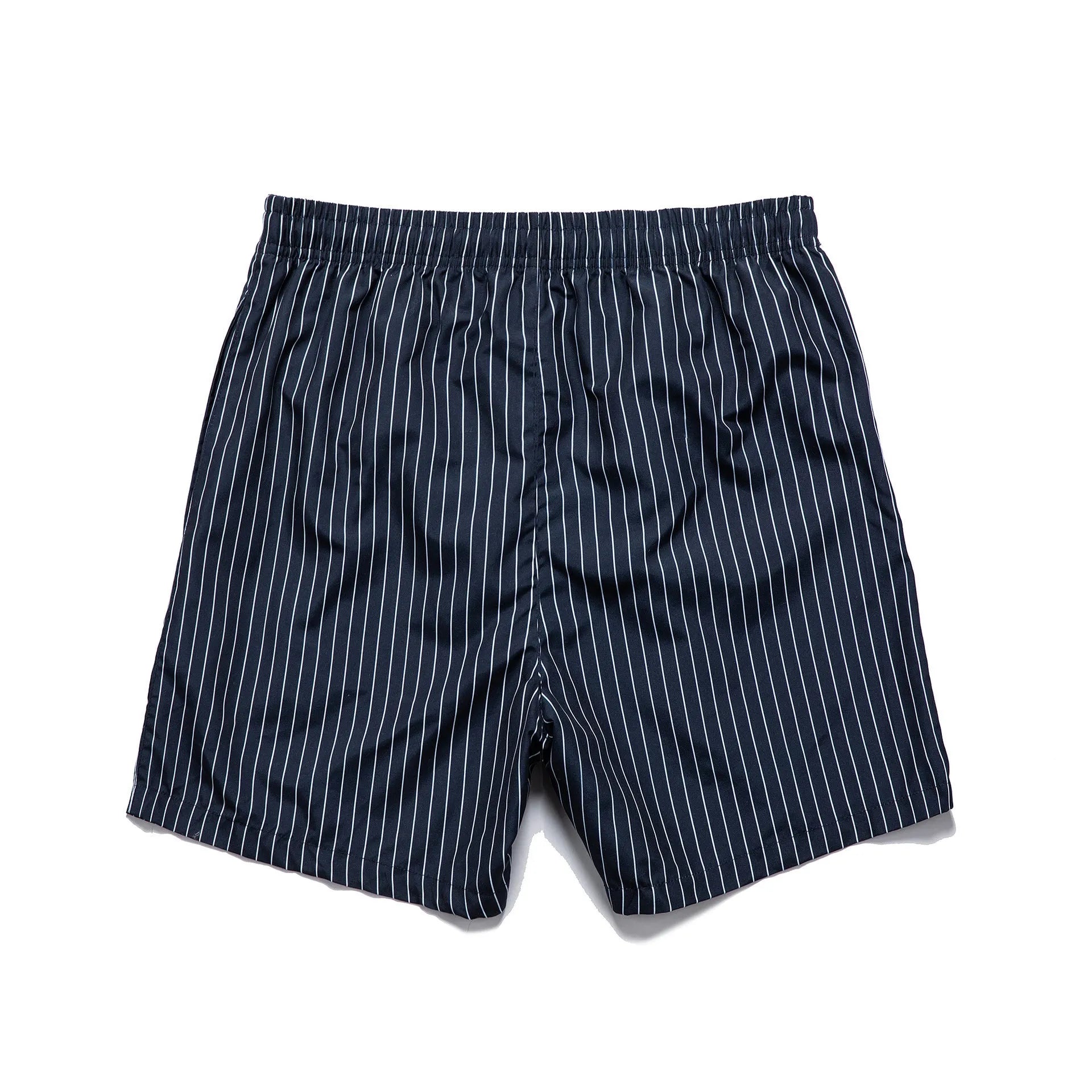 Men's navy blue and grey striped polyester beach shorts with straight leg opening.