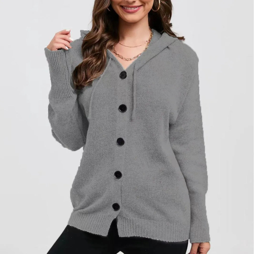 Women's thick cotton hooded cardigan sweater in a solid colour, shown with a loose fit and long sleeves.