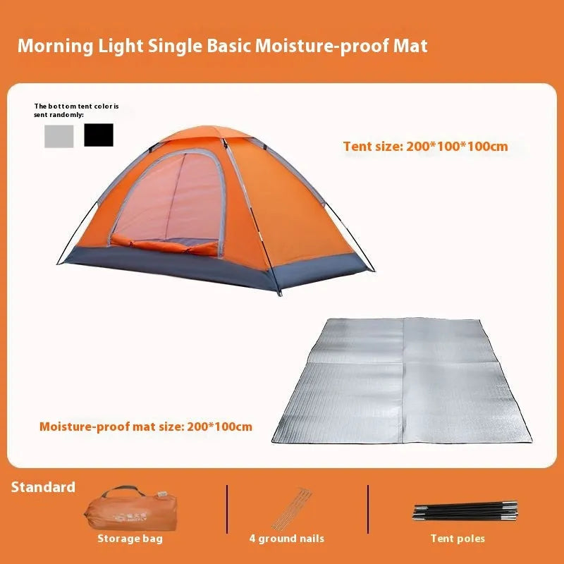 Single person pop-up camping tent in Army Green, shown both erected and packed in its carry bag.