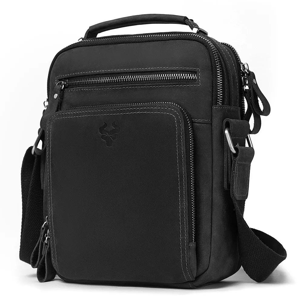 Men's brown Crazy Horse leather crossbody bag with single-shoulder design and visible sewing lines