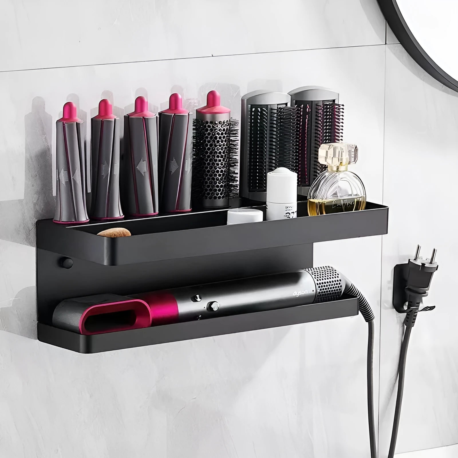 White double-layer aluminium bathroom storage rack for hair curlers mounted on a wall.