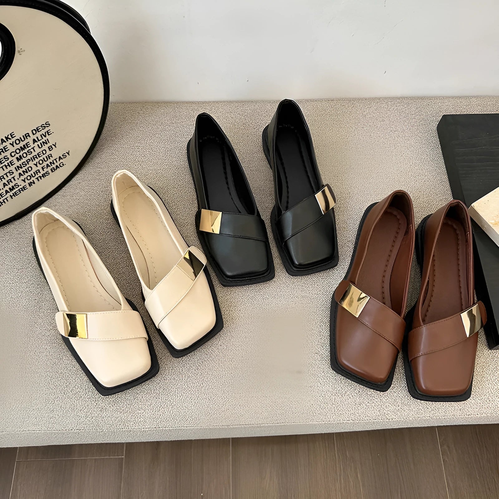 Women's square toe flat shoes with metal buckle in beige, black and brown colours with low 1-3cm heel