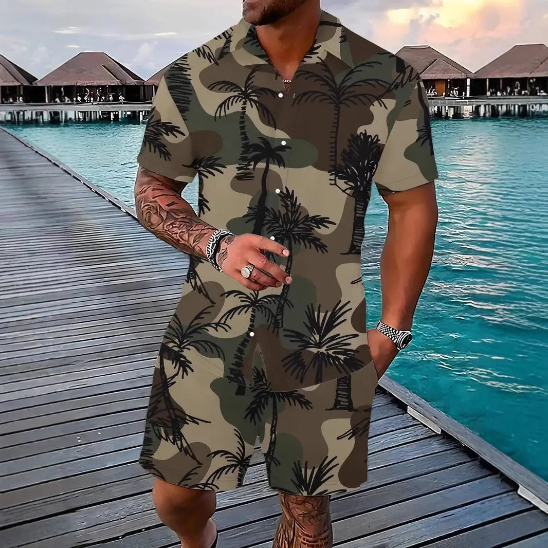 Man wearing a blue Hawaii pattern short sleeve top and matching shorts from a 3D printed suit set