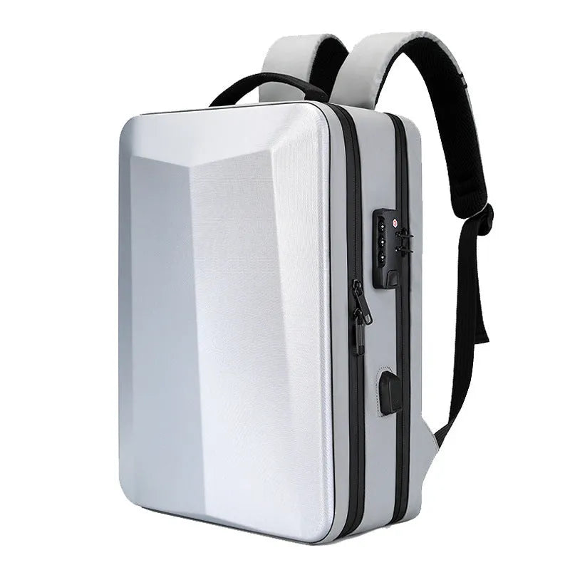 Black and silver white waterproof Oxford cloth business backpack shown in 15-inch and 17-inch size options.