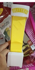 Yellow butter cutter slicer for 4.75 inch sticks with stainless steel blades and one-button dispenser