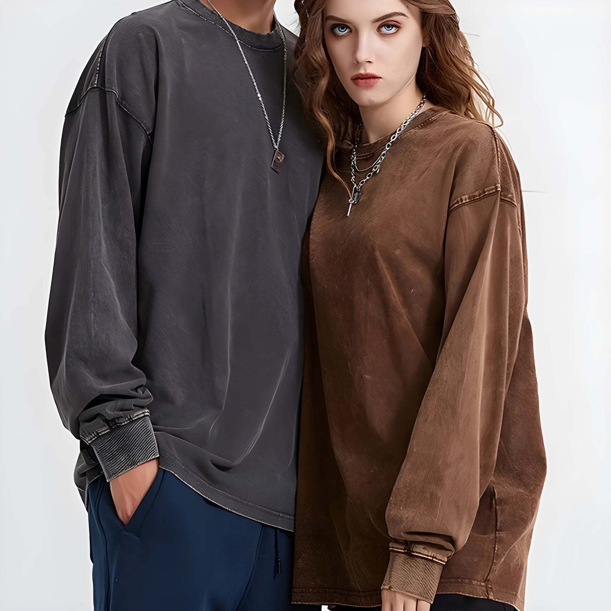 Men's vintage washed cotton pullover shirt in batik colour with loose fit and long sleeves